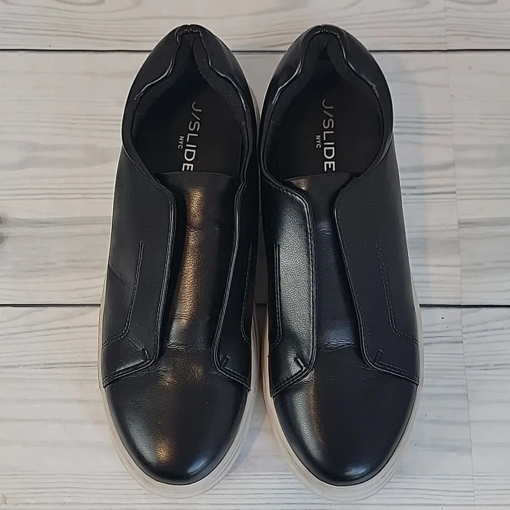 J/SLIDES NYC  Slip-On Platform Sneakers Black Faux Leather Womens Size 8M